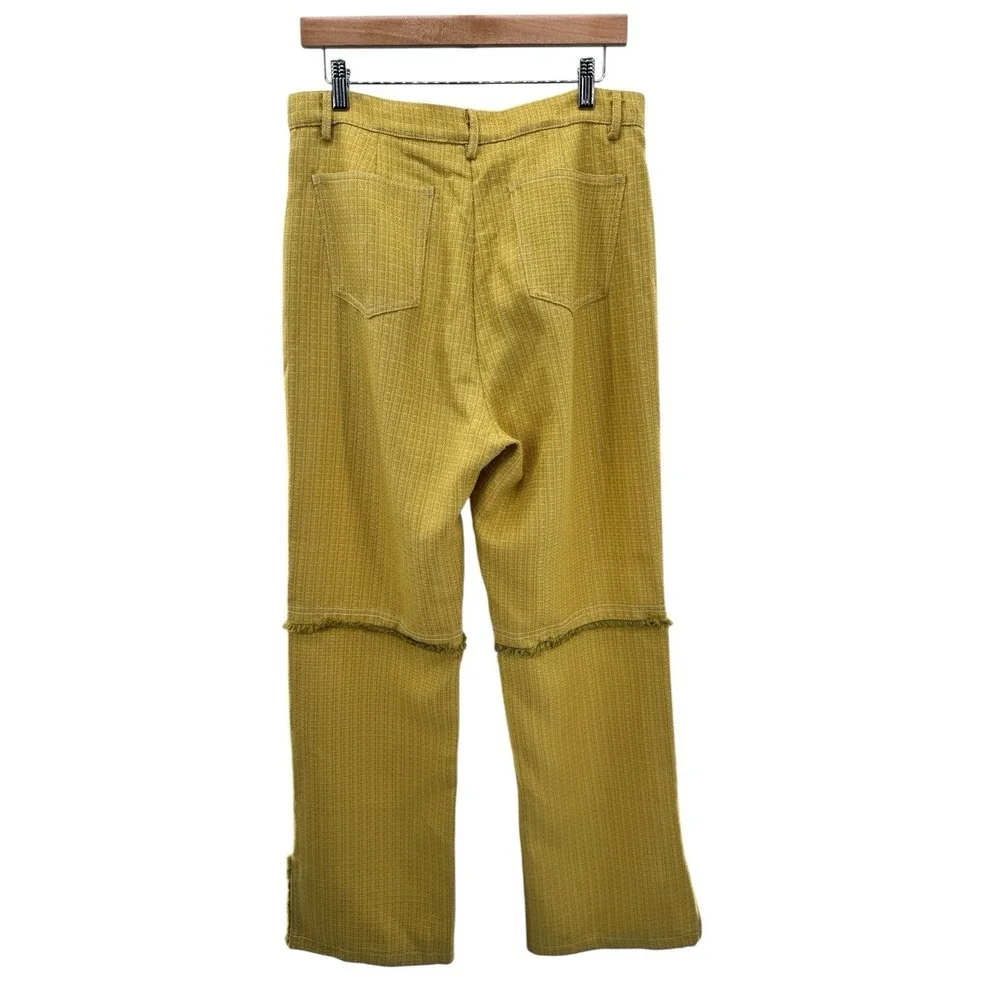 Ghospell Women's Yellow Textured Raw Seam Fringe Trousers Pants L Retro Wide Leg